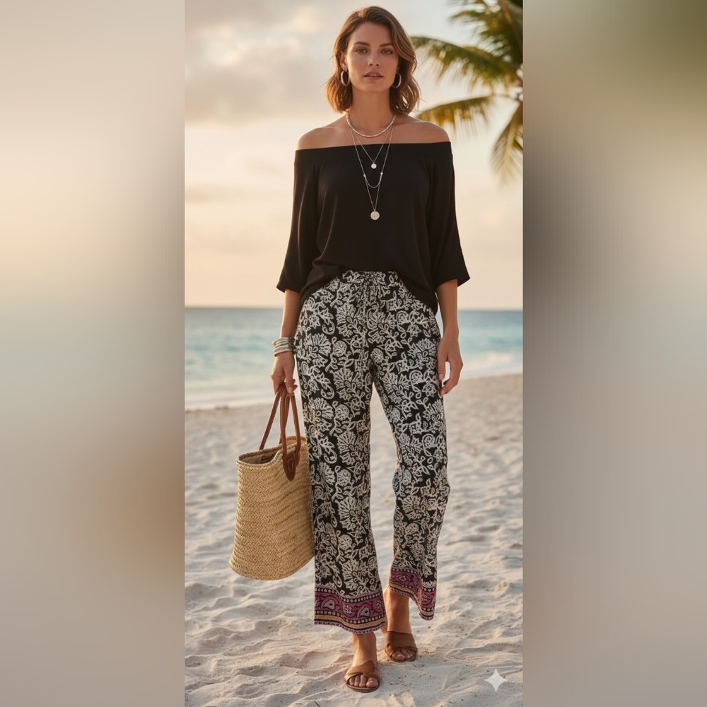 Classic Concepts Women’s Black & White Floral Wide-Leg Pants – Size S